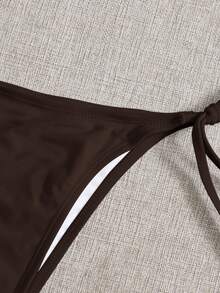 SHEIN Swim 女款純色三角比基尼泳褲，適合夏季度假與海灘派對，巧克力棕色性感款 - 棕色 - 查看 3