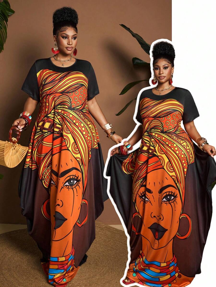 Maweii Vestido de Tricô Casual, Elegante, Refinado, da Moda, Design de Nicho, Uso Diário Essencial, Solto, Multicolorido, Retrato, Cartoon, Plus Size de Alta Qualidade, Adequado para Primavera, Verão, Outono