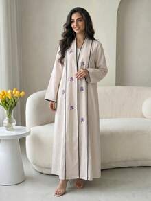 Veilorie Women's Embroidered Long Sleeve Loose Fit Arabic Decent Casual Modest Elegant Abaya Formal Beige Allover White Fall Christening Guest Office Ninang - Apricot - View 5