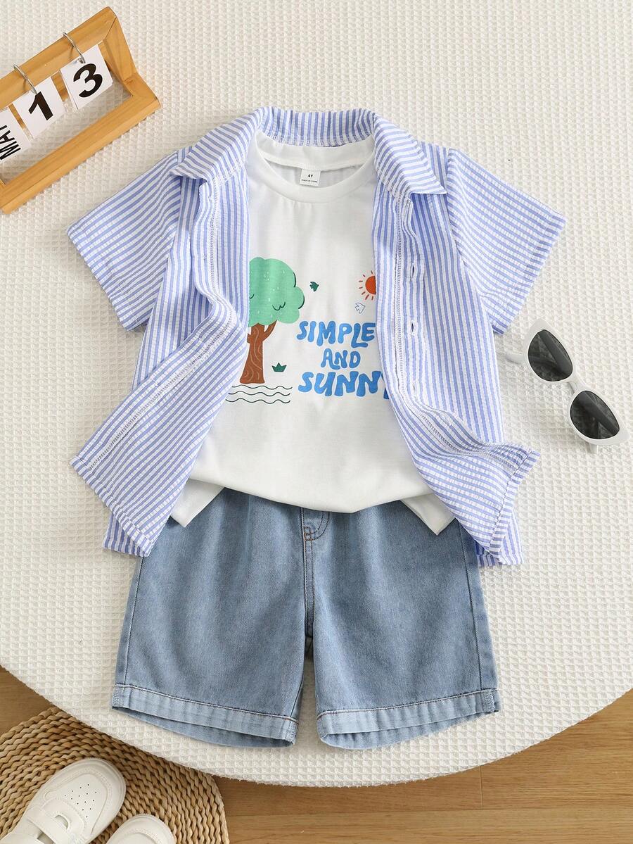 3pcs/Set Kids Young Boy Cute Summer Versatile 3-Piece Outfit Striped Short Sleeve Shirt, Patterned White T-Shirt, Blue Denim Shorts, Suitable For Daily Wear, Sports, Outings, Vacation, School, Parties, Festivals, Performances, Photography - Multicolor - View 1