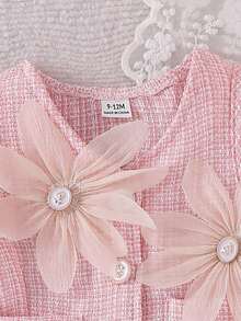 SHEIN Playful Pals 女嬰復古3D花朵仿珍珠鈕扣西裝背心與百褶迷你裙休閒套裝 - 粉色 - 查看 6