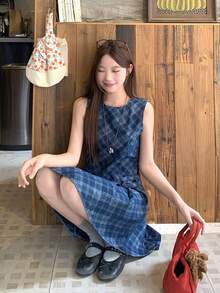 DAZY Women's Round Neck Plaid Sleeveless Korean Style Denim Dress School - Blue - View 10