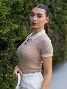 Andrea Bello Women'S Contrast Color Polo Collar Knitted Top Summer - Khaki - View 4