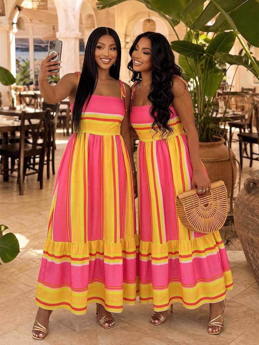 SOLERSUN Plus Size Pink Maxi Dress With Shoulder Straps, Suitable For Vacation, Beach, Commuting, Casual Tropical Wear, Elegant Gown Summer - Yellow - View 1