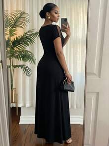 SHEIN Lady CURVE 大尺碼夏季優雅網紗拼接洋裝 - 黑色 - 查看 7