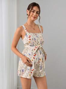 SHEIN 孕婦寬肩帶短連身褲，前襟木鈕扣裝飾，腰部綁帶蝴蝶結，花卉印花直筒褲腿 - 杏色 - 查看 7