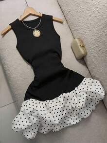 GlowEve Women's Black And White Polka Dot Patchwork Hem Short Summer Dress,Elegant Sophisticated Style For Day Party,Date,Birthday Gift,Fashion Must-Have - Black and White - View 1