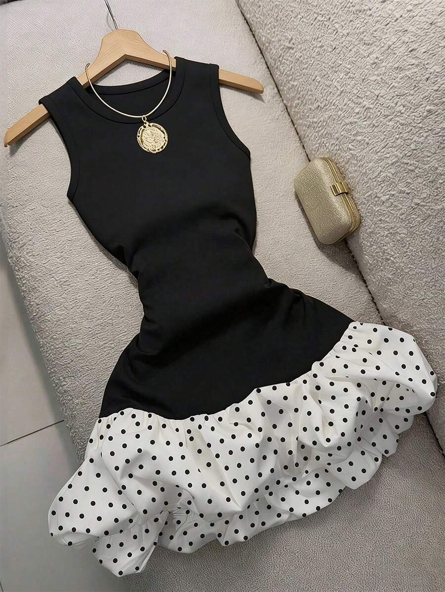 GlowEve Women's Black And White Polka Dot Patchwork Hem Short Summer Dress,Elegant Sophisticated Style For Day Party,Date,Birthday Gift,Fashion Must-Have - Black and White - View 1