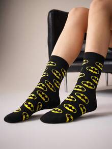 BATMAN X SHEIN 1 Pack Cartoon Pattern Black Crew Socks For Men And Women - Black and yellow - View 5