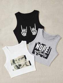 GlowEve 3pcs Figure & Slogan Graphic Tank Top Graphic Tees Women Tops - Multicolor - View 4