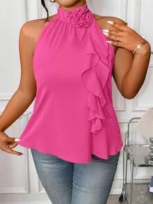 Rometta Plus Size Summer Elegant 3D Floral Ruffle Neck Blouse For New Year Clothes - Hot Pink - View 5