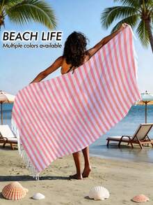 Cirelle 1pc Turkish Polyester Beach Towel - Oversized Striped Sand Free Beach Towel With Fringes, Quick Dry Lightweight Bath Towel Travel Blanket For Pool, Gym, Camping (100*180cm) - Multicolor - View 12