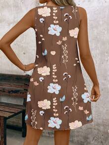 EMERY ROSE Women's Fashion Printed Sleeveless Dress (Asymmetric Floral Pattern) - Khaki - View 2