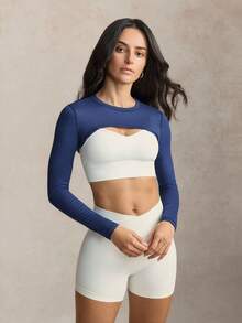 Activina Solid Color Crew Neck Tight Cropped Long Sleeve Athletic T-Shirt - Blue - View 4