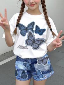 Tween女孩休閒極簡可愛個性化紋理蝴蝶圖案短袖上衣與短褲兩件套，適合夏季，圖案、卡哇伊、女孩套裝、復古、開學季，嬰兒藍，Cupid Pick - 彩色 - 查看 2