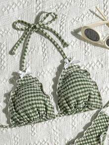 Swim Mod Women's Summer Beach Pool Party Plaid Special Fabric Halter Neck Bow Decor Frill Trim Triangle Bikini Top And Bottom Cute Girl Casual Tropical Green - Mist Green - View 5
