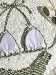 Swim Mod Women's Summer Beach Pool Party Plaid Special Fabric Halter Neck Bow Decor Frill Trim Triangle Bikini Top And Bottom Cute Girl Casual Tropical Green - Mist Green - View 7
