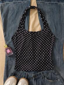 SHEIN Atasan Polkadot Tanpa Punggung untuk Remaja Putri, Desain Leher Persegi dan Tanpa Punggung, Elastisitas Tinggi, Pas Badan, Modis, Serbaguna untuk Berbagai Kesempatan seperti Liburan, Pakaian Sehari-hari, dan Olahraga, Item Segar dan Serbaguna yang Penting untuk Musim Panas - Hitam dan Putih - View 3