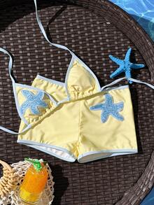 Swim Mod Summer New Multi-Color Pale Yellow Textured Fabric Ocean Starfish Decor Halter Tie Beach Vacation Women 2 Pieces Swimsuit Set - Multicolor - View 2