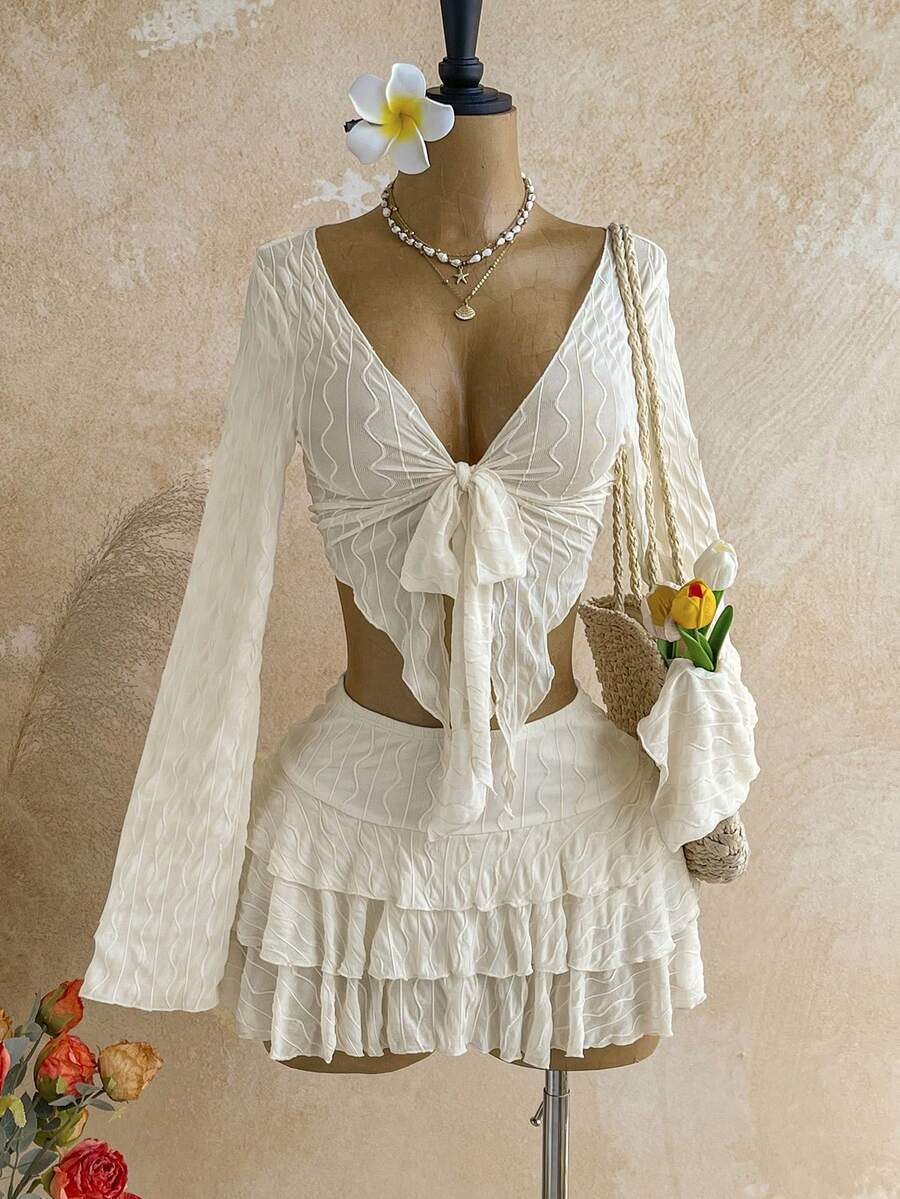 Soleia Plus Size Vacation Lace Tie-Up Ruched Top And Multi-Layer Ruffle Hem Mini Skirt 2 Pieces Set White Autumn Fall Beach Boho Bohemian - White - View 1