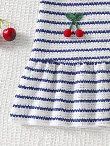 Genkimix Kids 女童針織華夫格條紋鳳梨布料休閒可愛刺繡櫻桃鉤編圖案拼接度假洋裝，適合日常活動、度假、旅行、街頭風 - 藍白色 - 查看 5