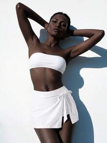 SHEIN Women's Simple Solid Color Wrap Tie Waist Beach Vacation Holiday Pool Party Shorts, Summer Holiday White Modest Casual - White - View 5