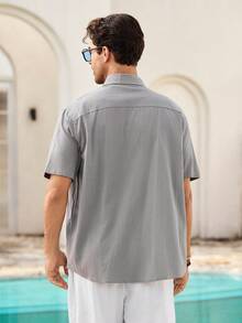 Mercer Haus Hawaiian Style Linen Loose Casual Men's Henley Collar Short Sleeve Shirt - Grey - View 2