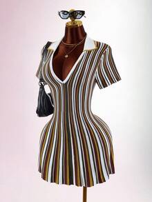 Amplova Colorblock Multicolor Stripes Polo Collar Cinched Waist A-Line Knit Mini Dress Brunch Autumn Elegant Classy - Multicolor - View 3