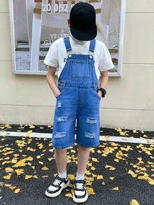 Tween男孩時尚休閒復古酷街頭鏤空破洞毛邊寬鬆舒適藍色前抽繩牛仔短褲，適合兒童日常穿著，春夏季派對節慶街頭風服飾，SS26新款 - 藍色 - 查看 1