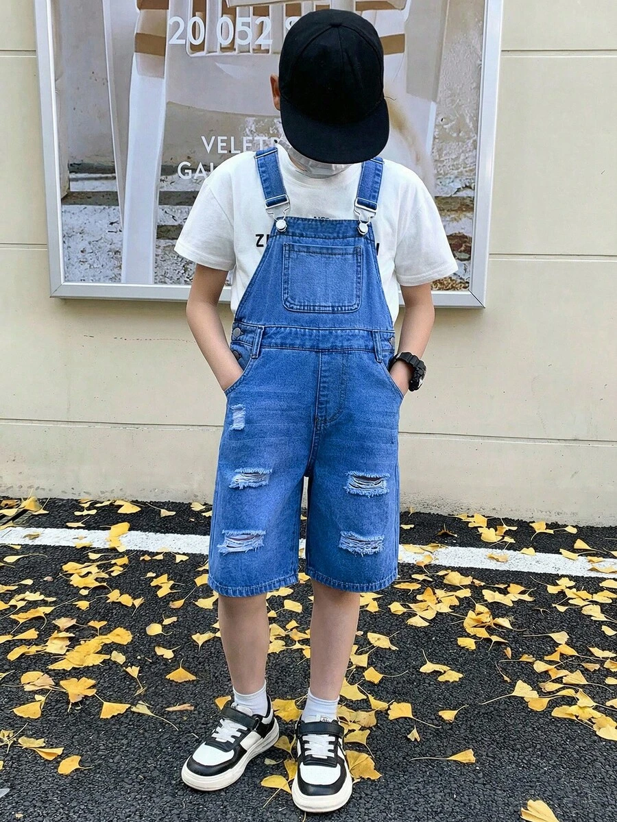 Tween男孩時尚休閒復古酷街頭鏤空破洞毛邊寬鬆舒適藍色前抽繩牛仔短褲，適合兒童日常穿著，春夏季派對節慶街頭風服飾，SS26新款 - 藍色 - 查看 1