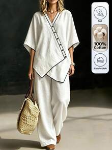 Omancia Conjunto de camisa suelta con mangas de murciélago y pantalones largos de pierna ancha para mujer, estilo casual de primavera/verano, para vacaciones y uso diario, con ribete en contraste, color blanco roto - Blanco - Ver 6