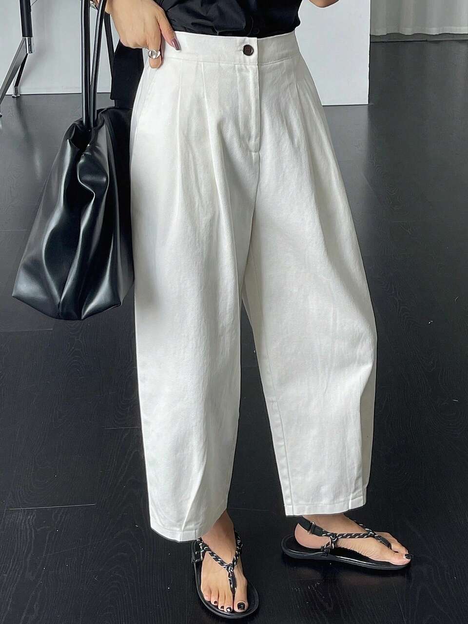 Women's Solid Color Button Pleated Casual Pants, Spring/Summer Petite