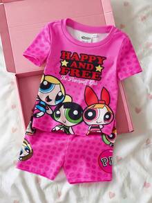 THE POWERPUFF GIRLS X SHEIN 女嬰卡通圖案字母印花圓領短袖上衣與修身短褲居家服套裝 - 粉色 - 查看 3