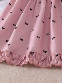 SHEIN Elladie kids 1pc Girls Summer New Square Neck Puff Short Sleeve Ruffle Baby Pink Bow Print Elastic Waist Front Neckline Lace Bow A-Line Pastoral Academy Style - Pink - View 7