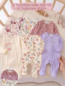 SHEIN 2件組新生女嬰套裝：愛心與圓點圖案長袖拉鍊前開式連身衣 & 柔軟服飾 - 藕粉色 - 查看 1