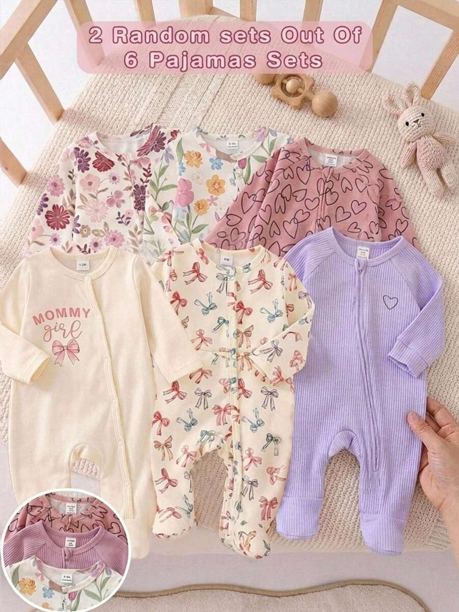 SHEIN 2件組新生女嬰套裝:愛心與圓點圖案長袖拉鍊前開式連身衣 & 柔軟服飾 - 藕粉色 - 查看 1