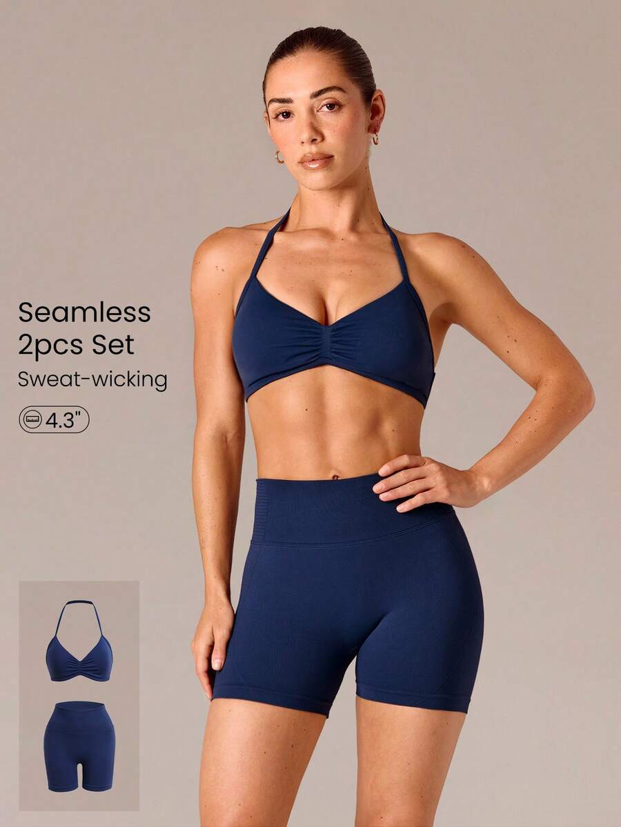 GLOWMODE Bra Olahraga Halter Belakang Terbuka SummerGlow Ultrafine Lembut Tanpa Jahitan & Celana Pendek Biker 4,3" Pengangkat Bokong Tidak Tembus Pandang Set Olahraga Musim Panas
