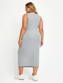 Plussiva Gaun Tank Top Pas Badan Warna Polos Ukuran Plus untuk Ibu Hamil, Gaun Musim Panas, Gaun Kasual untuk Wanita, Pakaian Kerja untuk Wanita - Grey - View 2