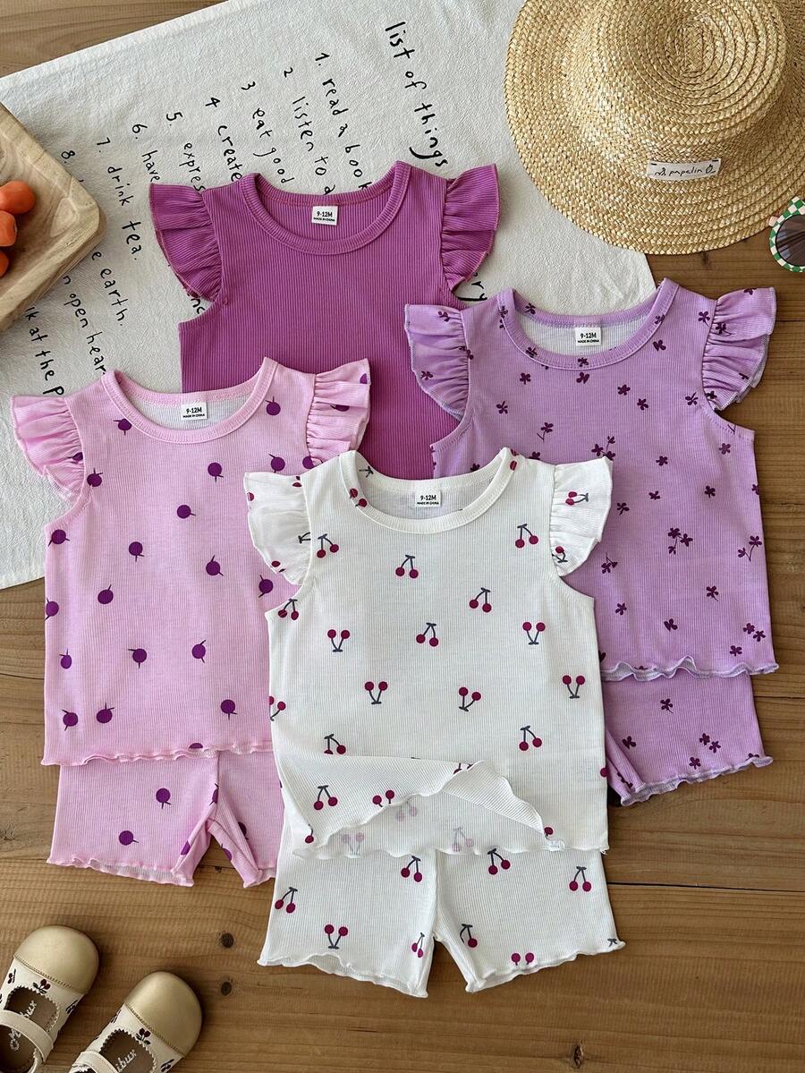 SHEIN 8件組/女嬰0-3歲粉色夏季可愛家庭套裝 純色針織不對稱羅紋短袖背心上衣與短褲套裝 - 彩色 - 查看 1
