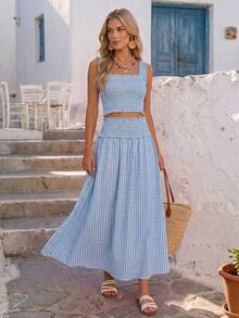 Vivid Eden Women's Vacation Casual Tropical Cute Blue And White Gingham Plaid Tank Top Skirt 2 Pieces Set Beach Holiday Outfits Festival Rave Clothes Summer - Blue - View 6