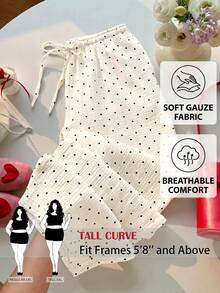 SHEIN Tall CURVE 大尺碼女款圓點圖案綁腰寬腿長褲 - 淡黃色 - 查看 2
