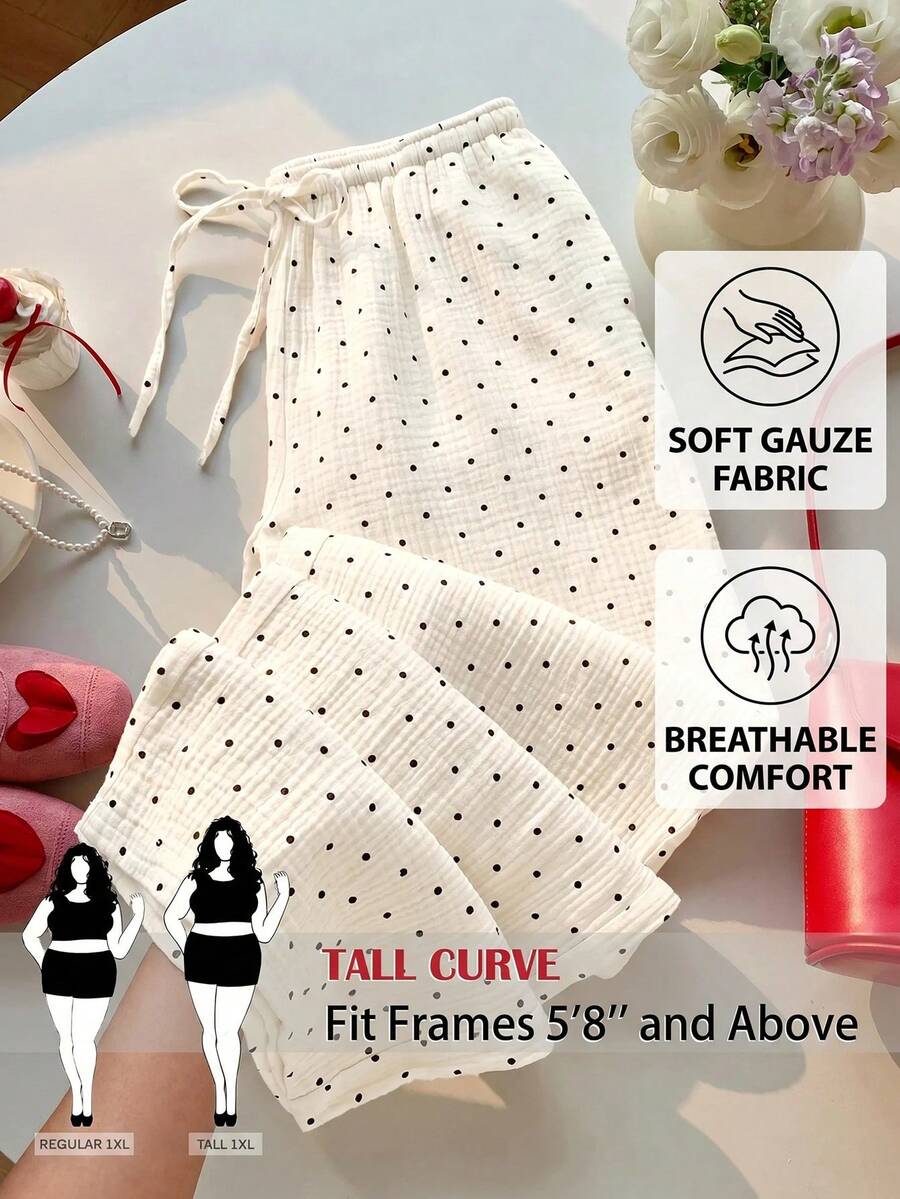 SHEIN Tall CURVE 大尺碼女款圓點圖案綁腰寬腿長褲 - 淡黃色 - 查看 1