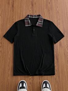 ESTAVOR Kemeja Polo Pria Kasual Musim Panas Motif Kotak-kotak Patchwork - Hitam - View 2