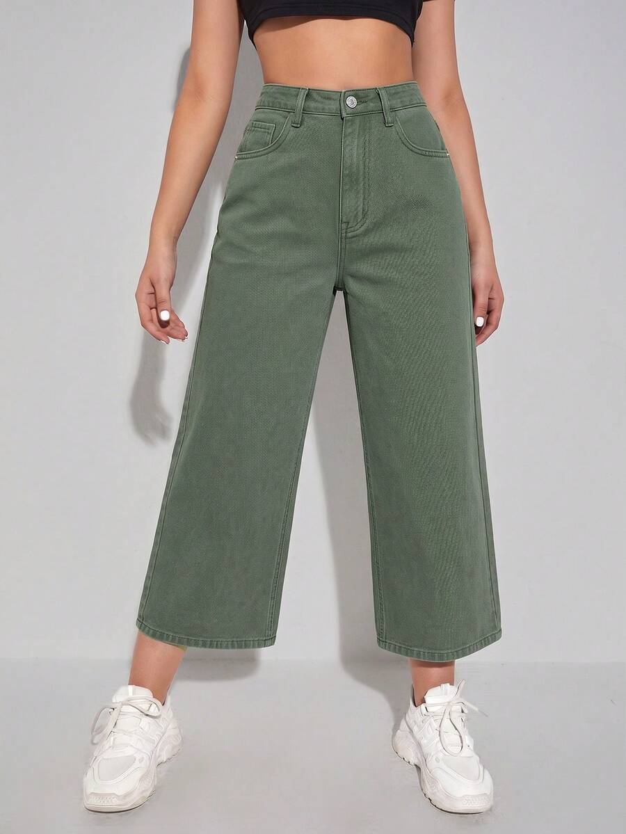 Pantalones cortos de mezclilla versátiles con bolsillos y botones para mujer - Verde - Ver 1