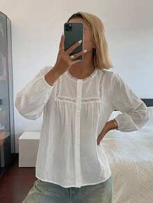 DAZY 女款圓領蝴蝶結寬鬆版型夏季襯衫 - 白色 - 查看 5