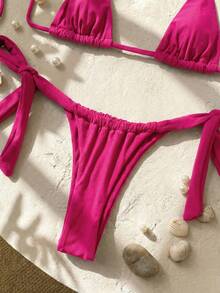 Swim SXY Setelan Baju Renang Dua Potong Wanita Musim Panas Model Halter Tie Seksi untuk Pantai dengan Bawahan Segitiga - Red Violet - View 7