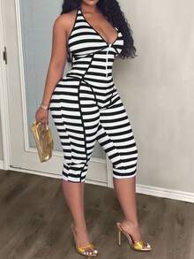 Slaydiva Jumpsuit Wanita Ukuran Plus Tanpa Lengan Model Halter Warna Hijau Alpukat Terbaru Musim Semi/Panas dengan Simpul Ikat, Leher V Dalam, dan Potongan Sebagian, Terbuat dari Kain Rajut Bergaris Elastis Tinggi - Hitam dan Putih - View 4