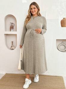 Plussiva Plus Size Maternity Casual Drawstring Waist Dress Fall - Grey - View 8