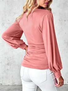 EMERY ROSE Atasan Lengan Panjang Model Kelopak dengan Leher V Dalam Warna Khaki, Model Terbaru untuk Wanita. - Rusty Rose - View 2