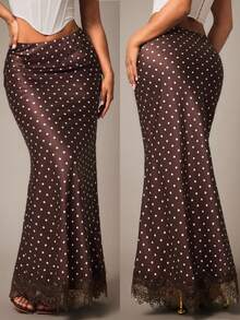 Radiana Women's Autumn Sexy Elegant Chic Brown And White Polka Dot Satin Contrast Lace Mermaid Skirt, Low Waist Skirt, Lace Trim Patchwork Skirt, Skirt - Brown - View 6